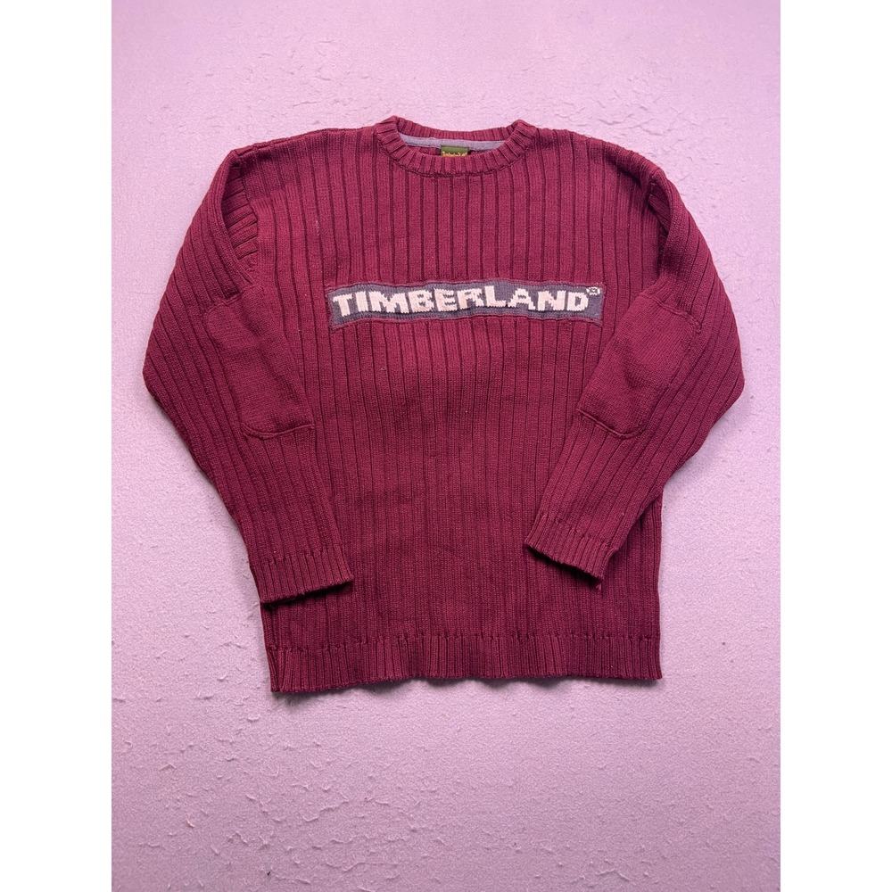 Timberland Sweater Cotton Ribbed Knit Burgundy Maroon Large Mens